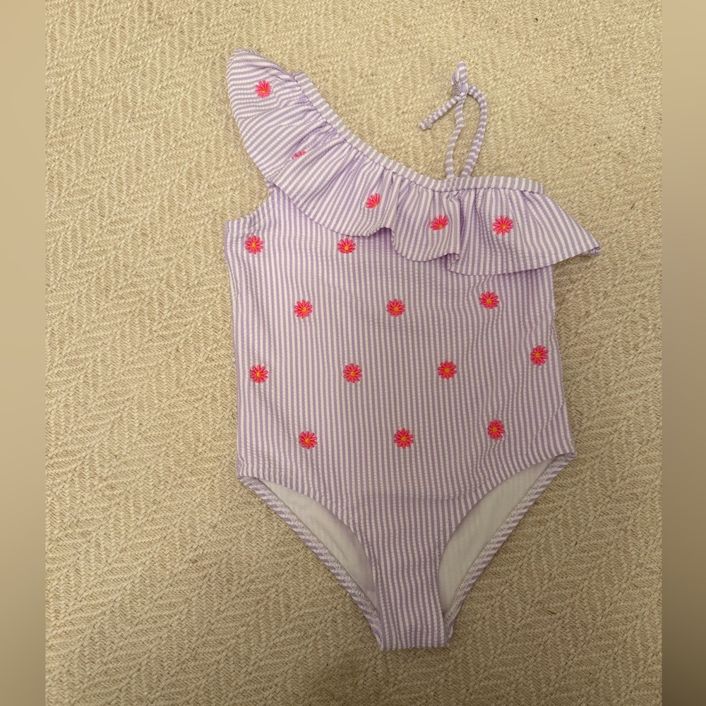 Banana Boat 4T One-Shoulder Lavender Stripe Swimsuit w/ Pink Daisy Embroidery